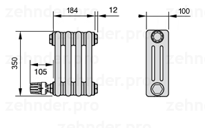 Схема (чертеж) Радиатор Zehnder Charleston 3035/4 №V004 Белый глянцевый RAL 9016